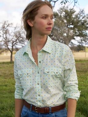 Tecovas Vintage Weight Sawtooth Cotton Pearl Snap Green Ditsy‎ Shirt S NEW